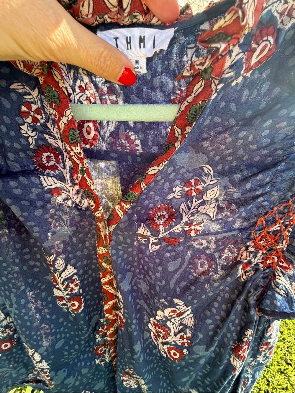 THML Blue Floral 100% Cotton Boho Ruffle Sleeve Blouse Top M - Picture 12 of 16